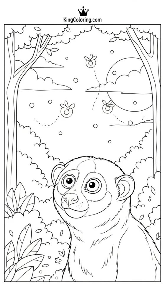 Loris Watching Fireflies At Night Printable Coloring Page.