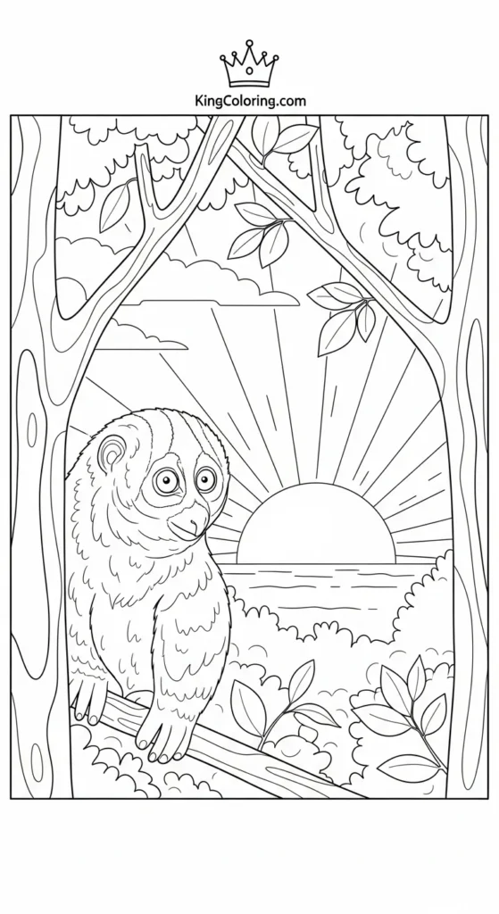 Loris Watching Sunrise Through Trees Coloring Sheet