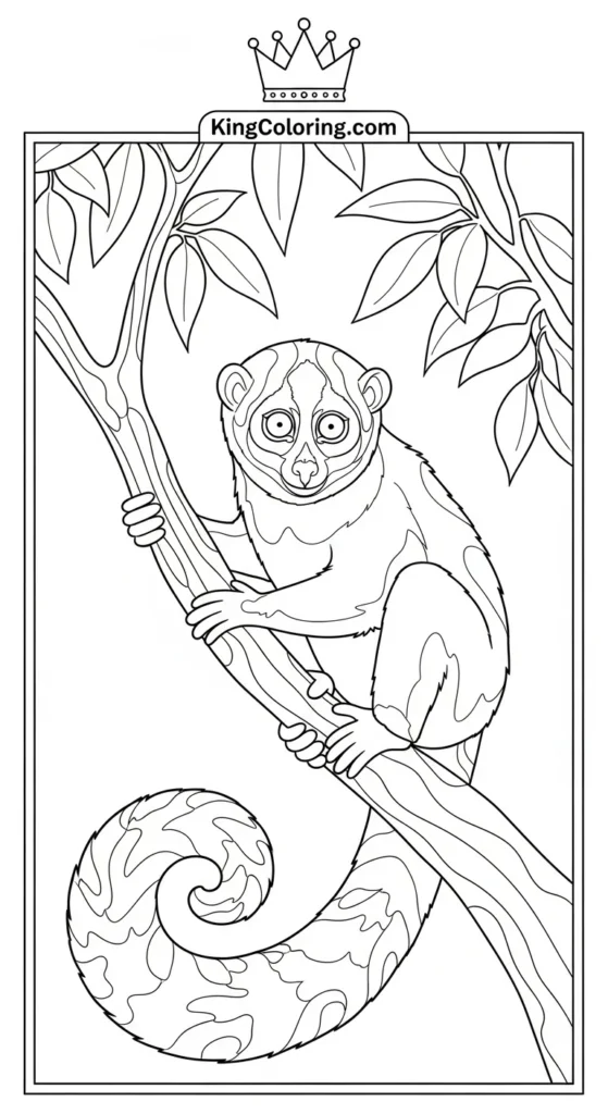 Loris With Curled Tail On Branch Printable Coloring Page