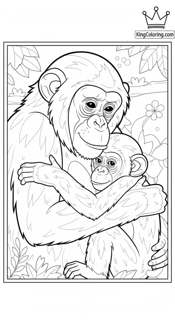 Mother And Baby Chimpanzee Hugging Printable Coloring Page