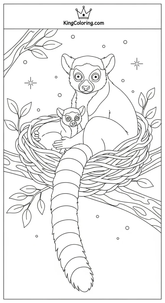 Mother And Baby Lemur In Nest Coloring Page