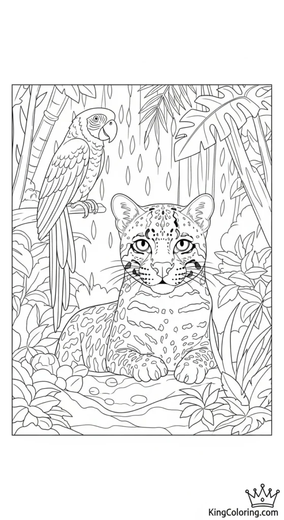 Ocelot And Parrot In Rainforest Scene Printable Coloring Page