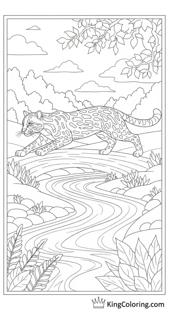 Ocelot Crossing A Small River Coloring Page