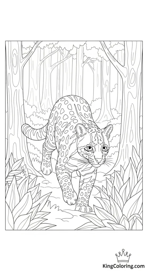 Ocelot Mid-Step In Dense Forest Coloring Page