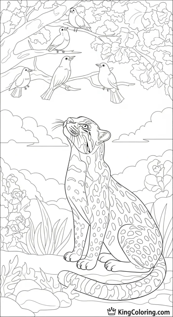 Ocelot Observing Birds Above Coloring Sheet
