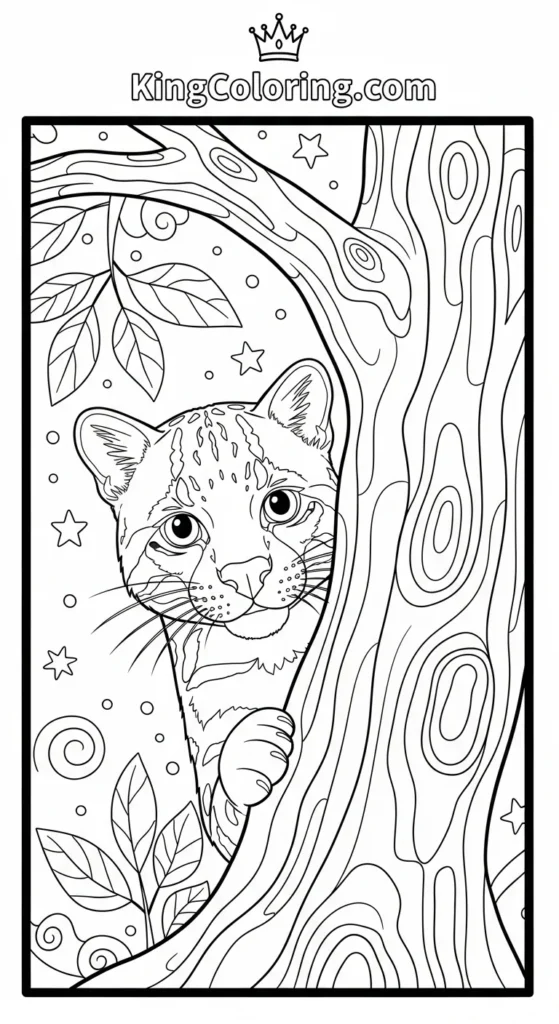 Ocelot Peeking From Behind Tree Trunk Coloring Page