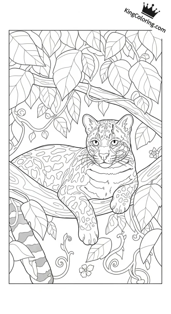 Ocelot Resting In Shaded Canopy Printable Coloring Page.