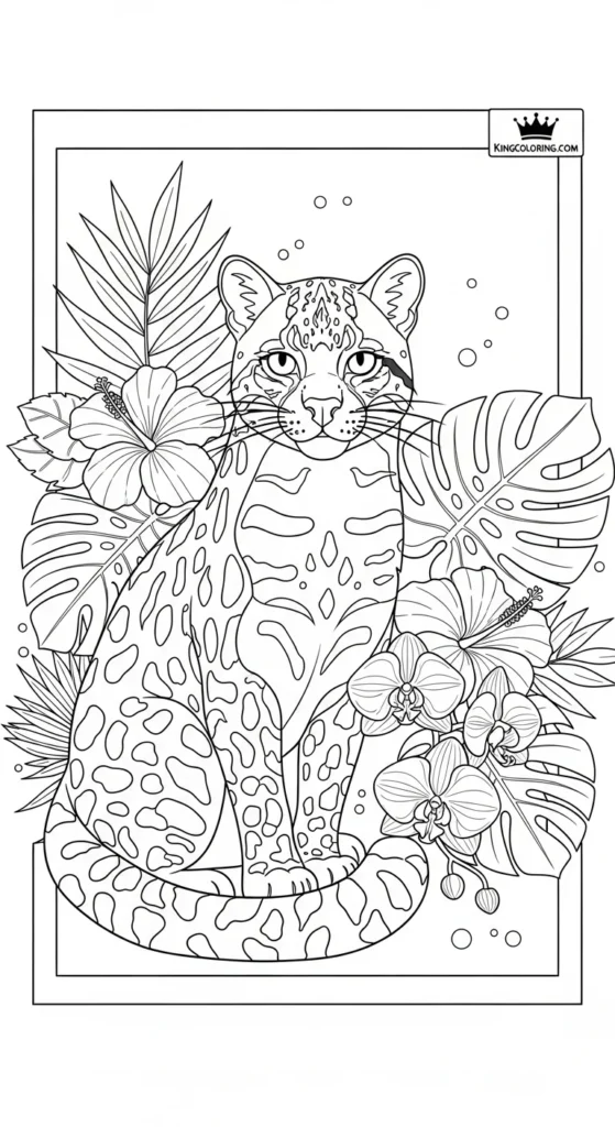 Ocelot Sitting Near Tropical Flowers Coloring Sheet