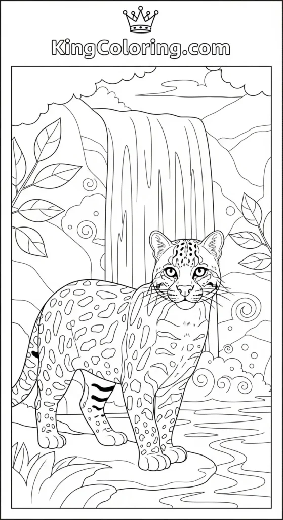 Ocelot Standing Near Waterfall Coloring Page