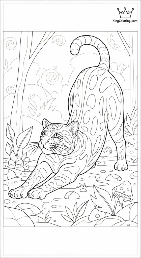 Ocelot Stretching On Forest Floor Coloring Sheet.