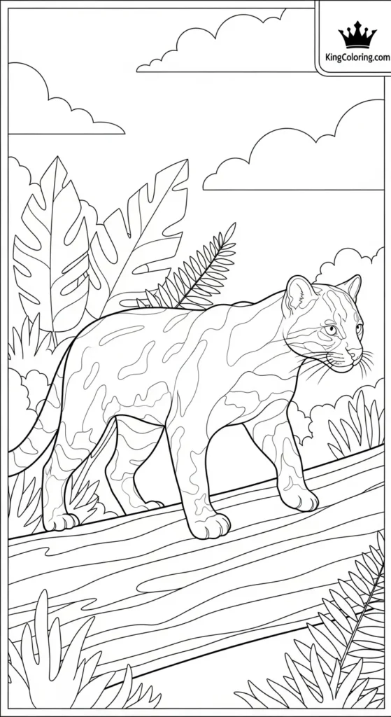 Ocelot Walking Across Fallen Log Coloring Page