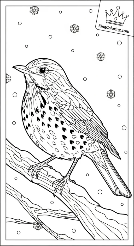 On A Snowy Branch, A Winter Thrush Coloring Sheet.