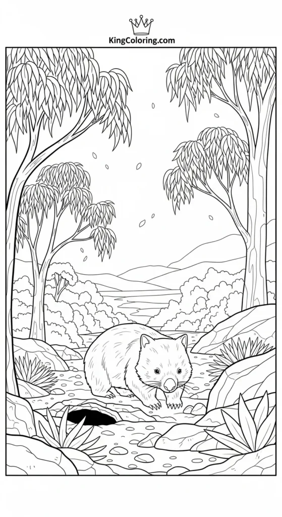 Peaceful Bushland Landscape Featuring A Wombat Coloring Page