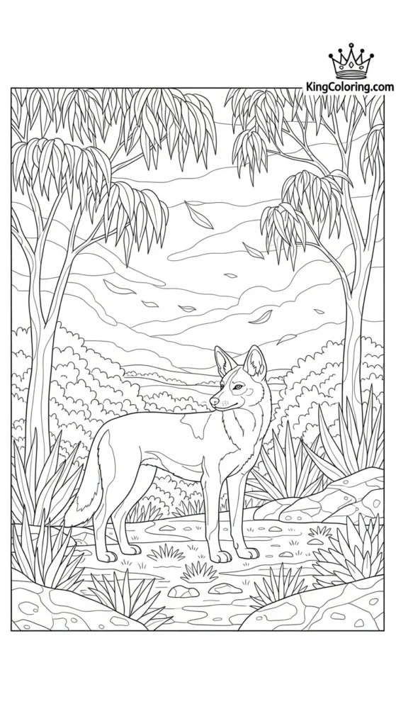 Peaceful Bushland Landscape With A Dingo Printable Coloring Page