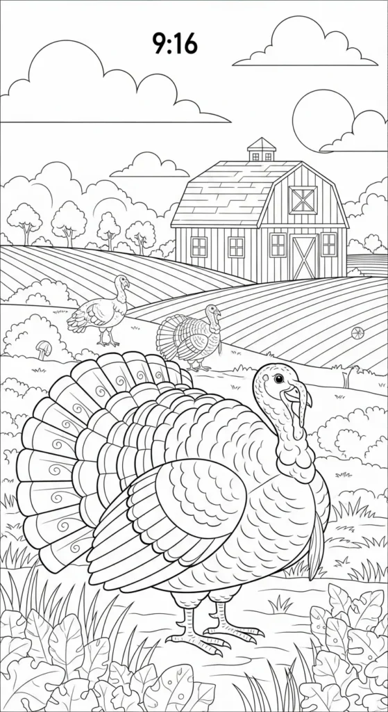 Peaceful Farm Landscape Featuring A Turkey Coloring Page.