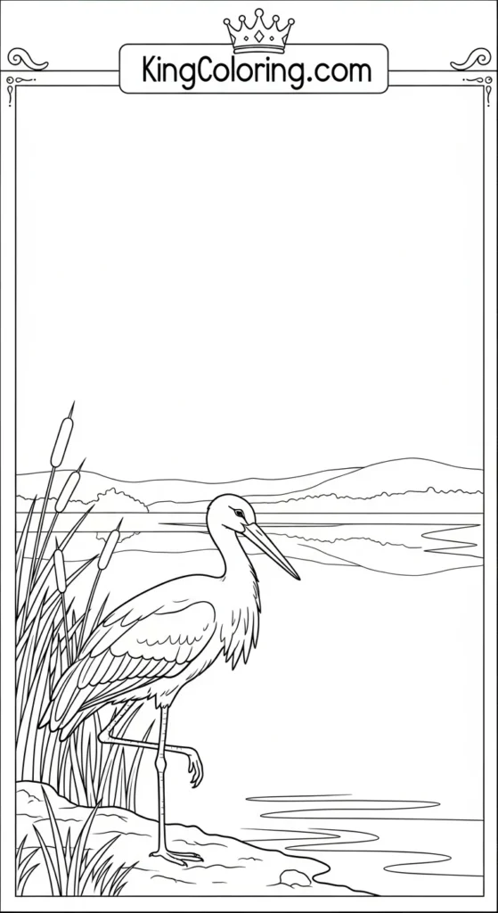 Peaceful Lake Scene With Stork Coloring Sheet