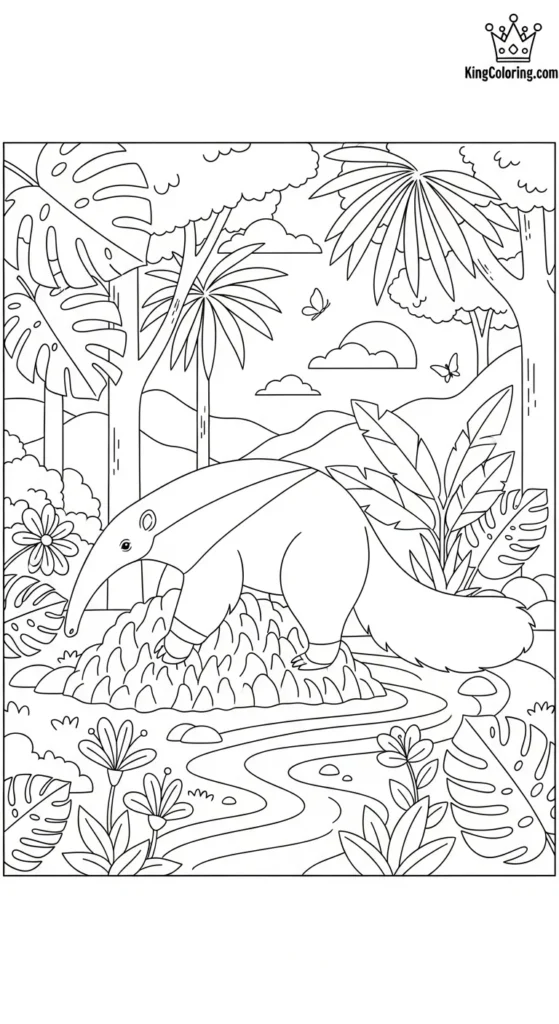 Peaceful Rainforest Landscape Featuring An Anteater Coloring Sheet