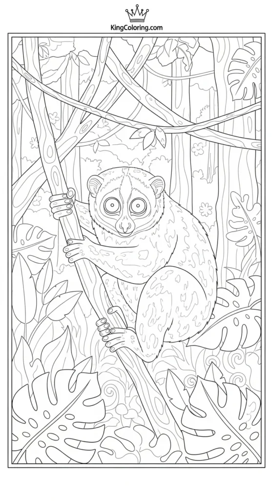 Peaceful Rainforest Landscape With A Loris Coloring Page.