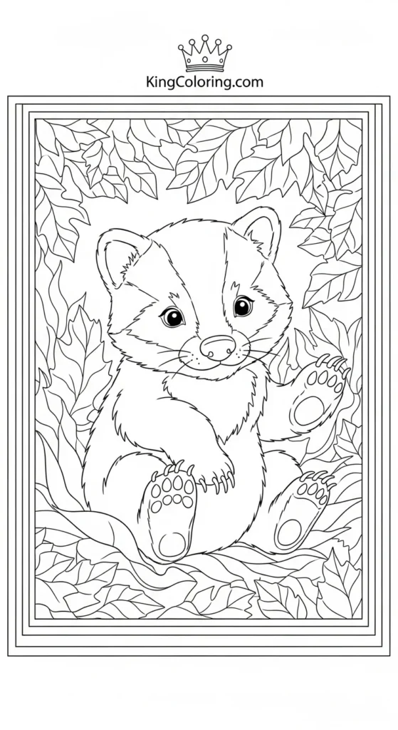 Playful Badger Cub Rolling In Leaves Coloring Sheet