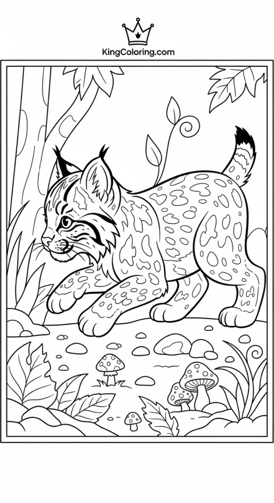 Playful Bobcat Cub Exploring Forest Floor Printable Coloring Page