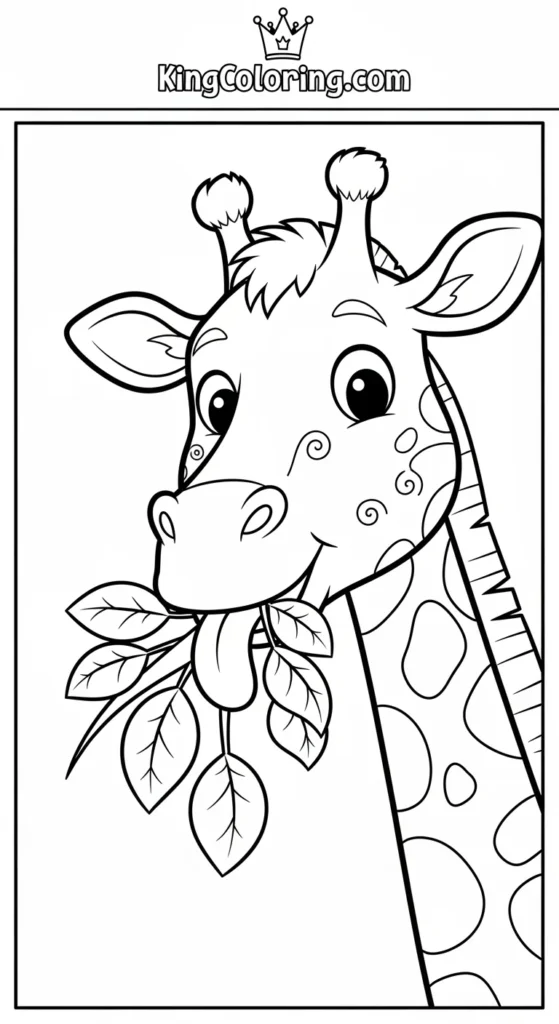 Playful Cartoon Giraffe Eating Leaves Coloring Sheet For Kids