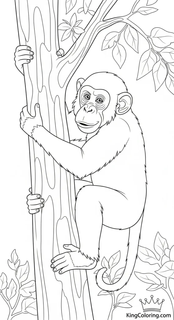 Playful Chimpanzee Climbing Tree Trunk Coloring Sheet.