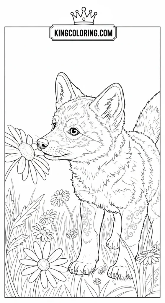 Playful Coyote Pup Exploring Wildflowers Printable Coloring Page