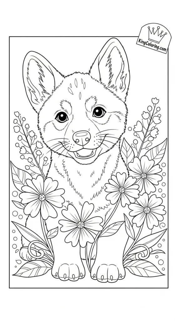 Playful Dingo Pup In Wildflowers Coloring Sheet.
