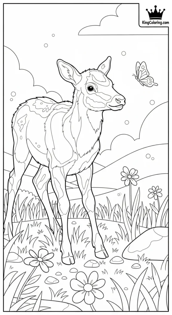 Playful Elk Calf Exploring Meadow Coloring Sheet
