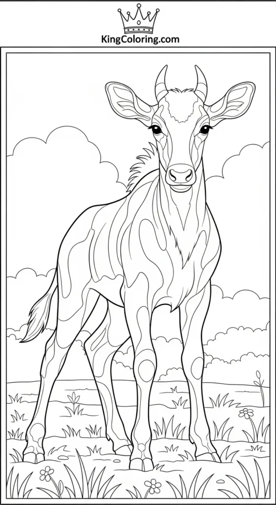 Playful Gnu Calf In Open Field Coloring Sheet.