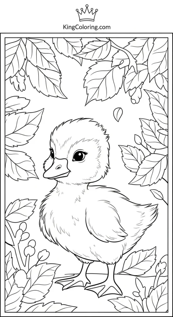 Playful Gosling Chasing Leaves Coloring Sheet