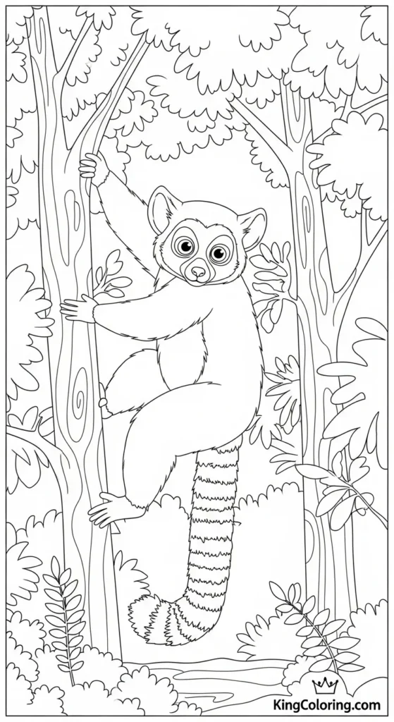 Playful Lemur Swinging Through Trees Coloring Page For Kids