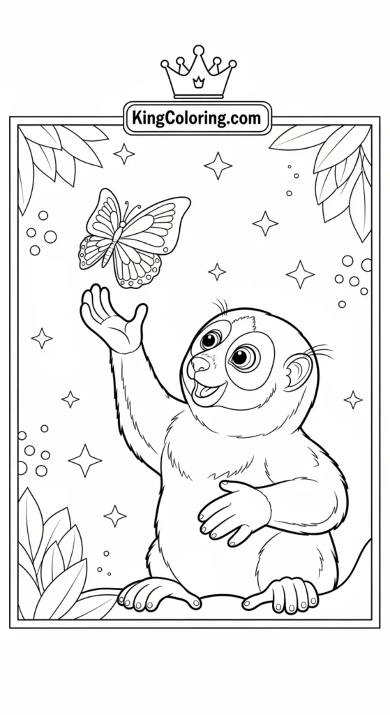 Playful Loris Reaching For Butterfly Coloring Page.