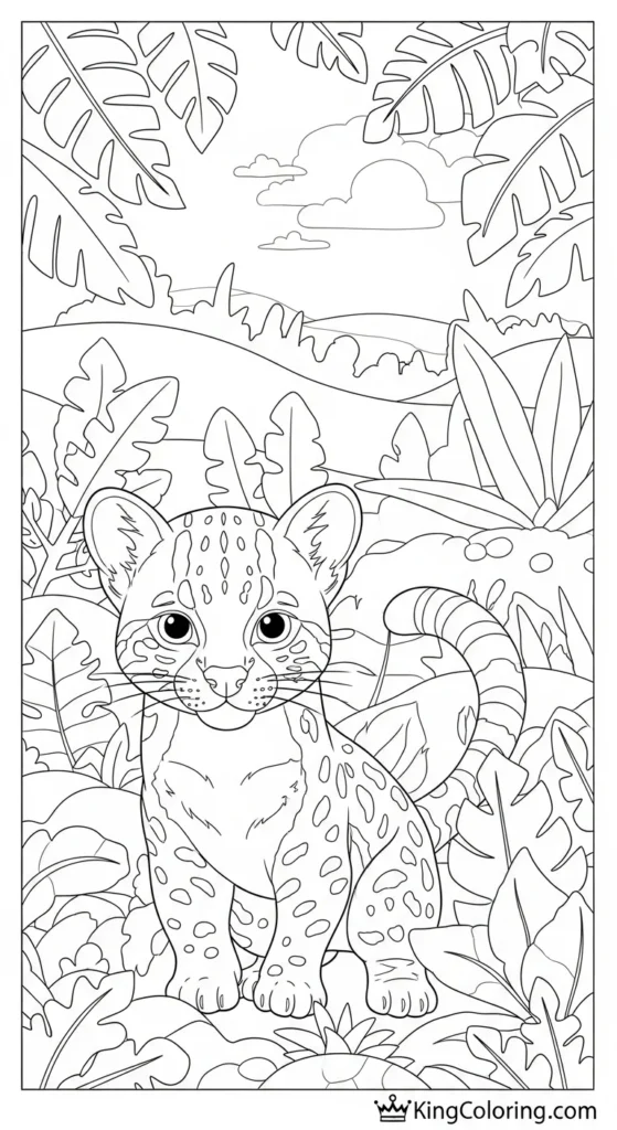 Playful Ocelot Cub Exploring Jungle Printable Coloring Page