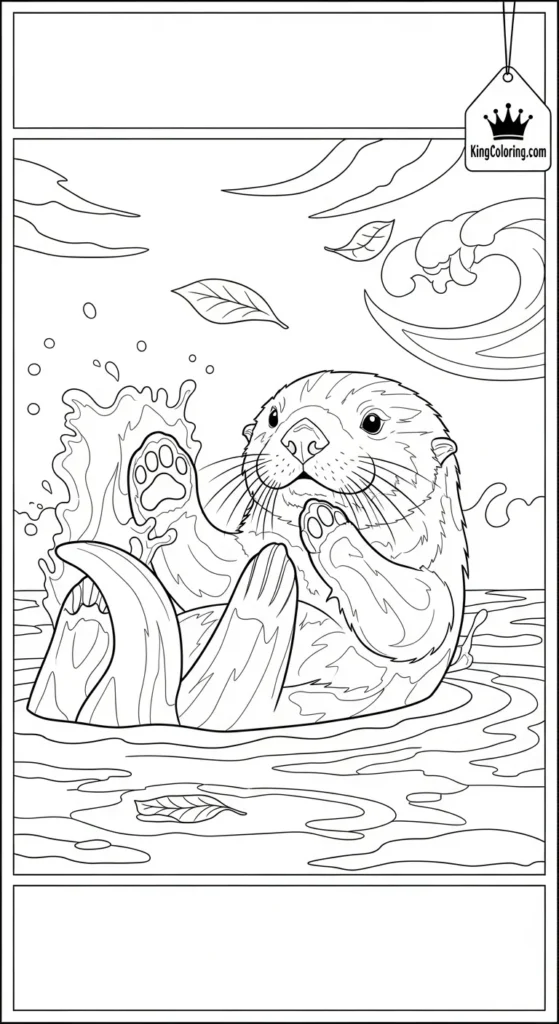 Playful Sea Otter Splashing Water Coloring Page.