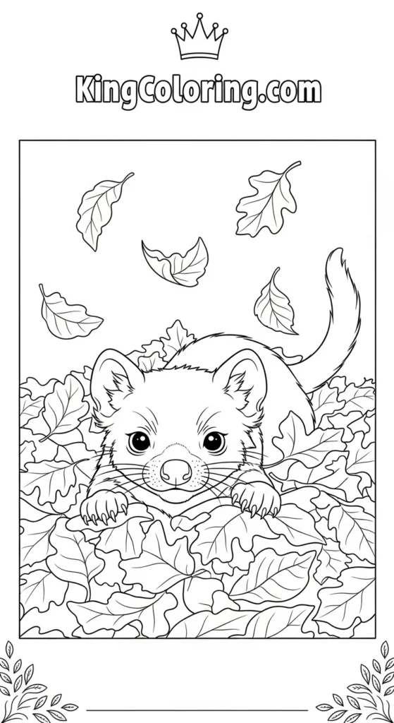 Playful Tasmanian Devil Cub In Leaves Printable Coloring Page.