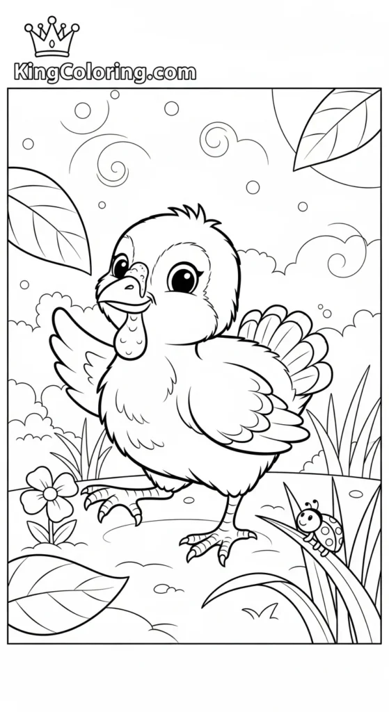 Playful Turkey Chick Exploring Yard Coloring Sheet.