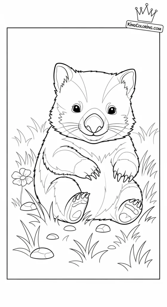 Playful Wombat Cub Rolling In Grass Printable Coloring Page.