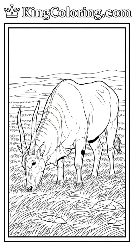 Printable page of an eland grazing in windy grasslands, flowing grass scene