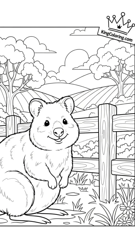 Quokka Near A Wooden Fence In Countryside Printable Coloring Page