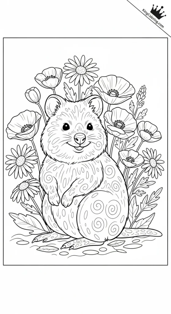 Quokka Sitting Near Wildflowers Printable Coloring Page.