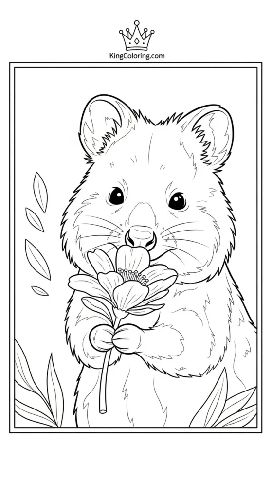 Quokka Sniffing A Flower Coloring Page.
