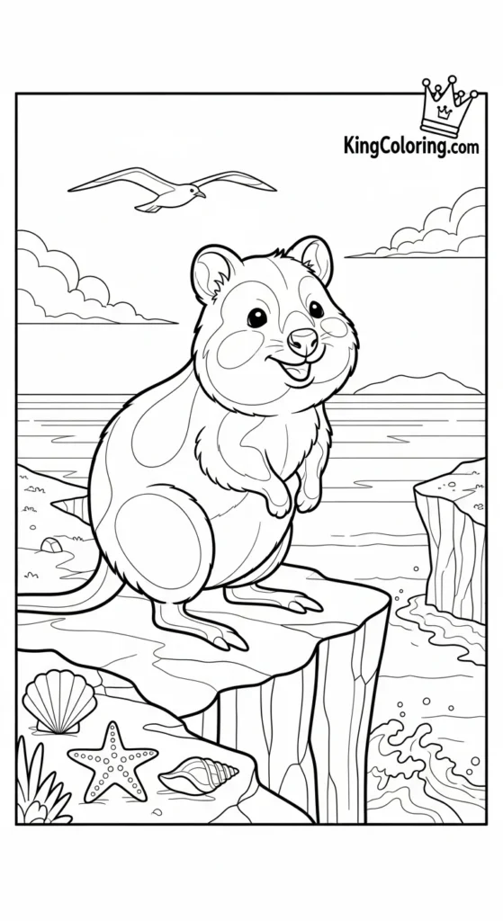 Quokka Standing On Coastal Cliff Coloring Page.
