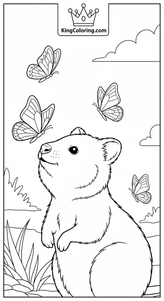 Quokka Watching Butterflies Fly Coloring Sheet
