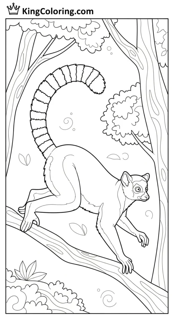 Ring-Tailed Lemur Jumping Between Trees Coloring Sheet.