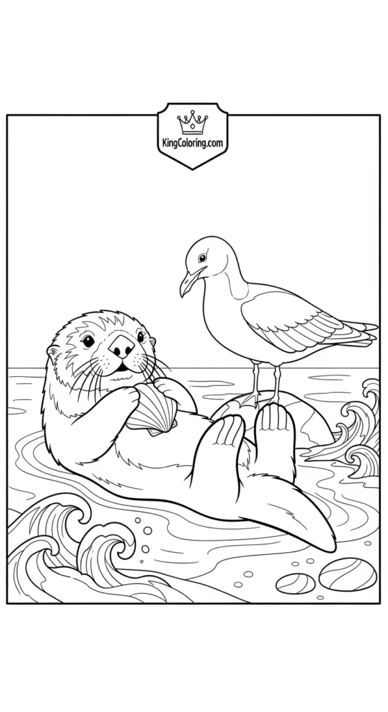 Sea Otter And Seagull By The Shore Printable Coloring Page