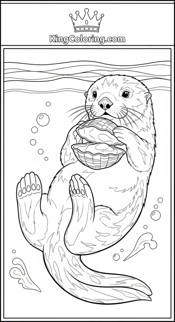 Sea Otter Cracking A Clam On Its Belly Coloring Page.