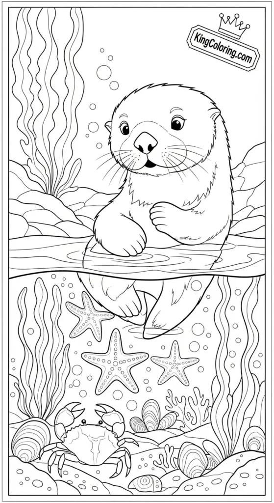Sea Otter Exploring A Tide Pool Coloring Page.