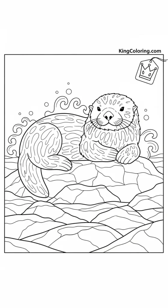 Sea Otter Resting On Coastal Rocks Printable Coloring Page.