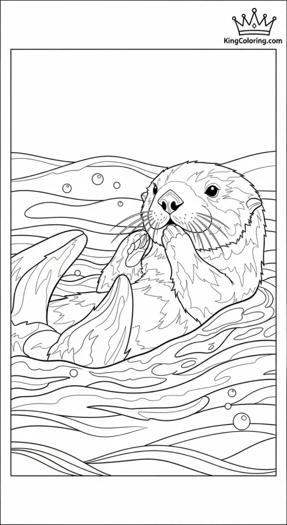 Sea Otter Rolling In Gentle Waves Printable Coloring Page.